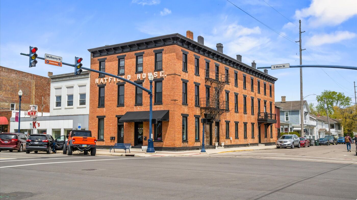 The Hatfield House, a three-story 1841 brick building at the corner of East Main and Mulberry Streets in downtown Troy, Ohio