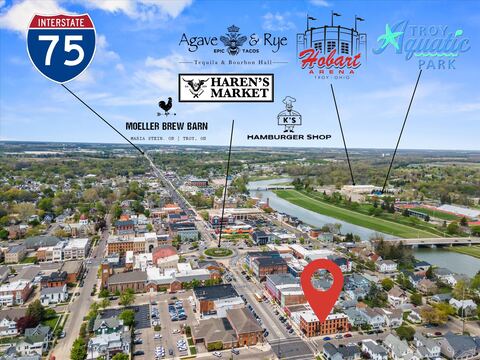 Aerial view with labels marking I-75, Hobart Arena, Haren's Market, and other nearby amenities