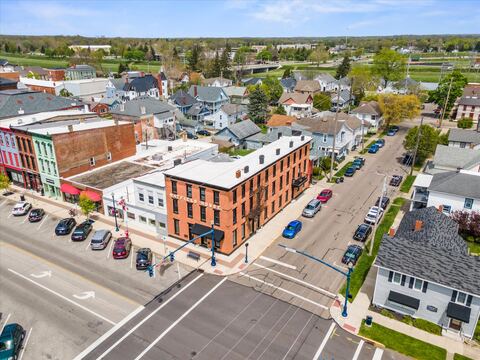 Aerial view of The Hatfield House and the surrounding downtown Troy blocks