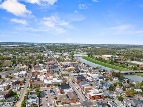 Aerial view of downtown Troy, Ohio and the Great Miami River