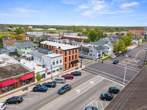 Aerial view down East Main Street's shops and restaurants
